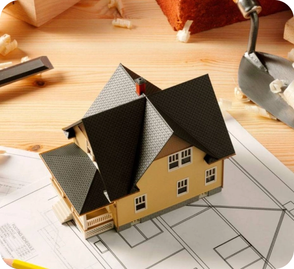 Wizualizacja budynku wraz z planem architektonicznym, odzwierciedlającym koncepcję projektu, rozkład pomieszczeń i rozwiązania techniczne.